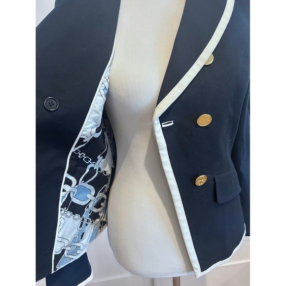 Tory Burch Navy Blue Double Breasted Blazer Gold Logo Buttons White Trim Size 6 - Picture 10 of 12